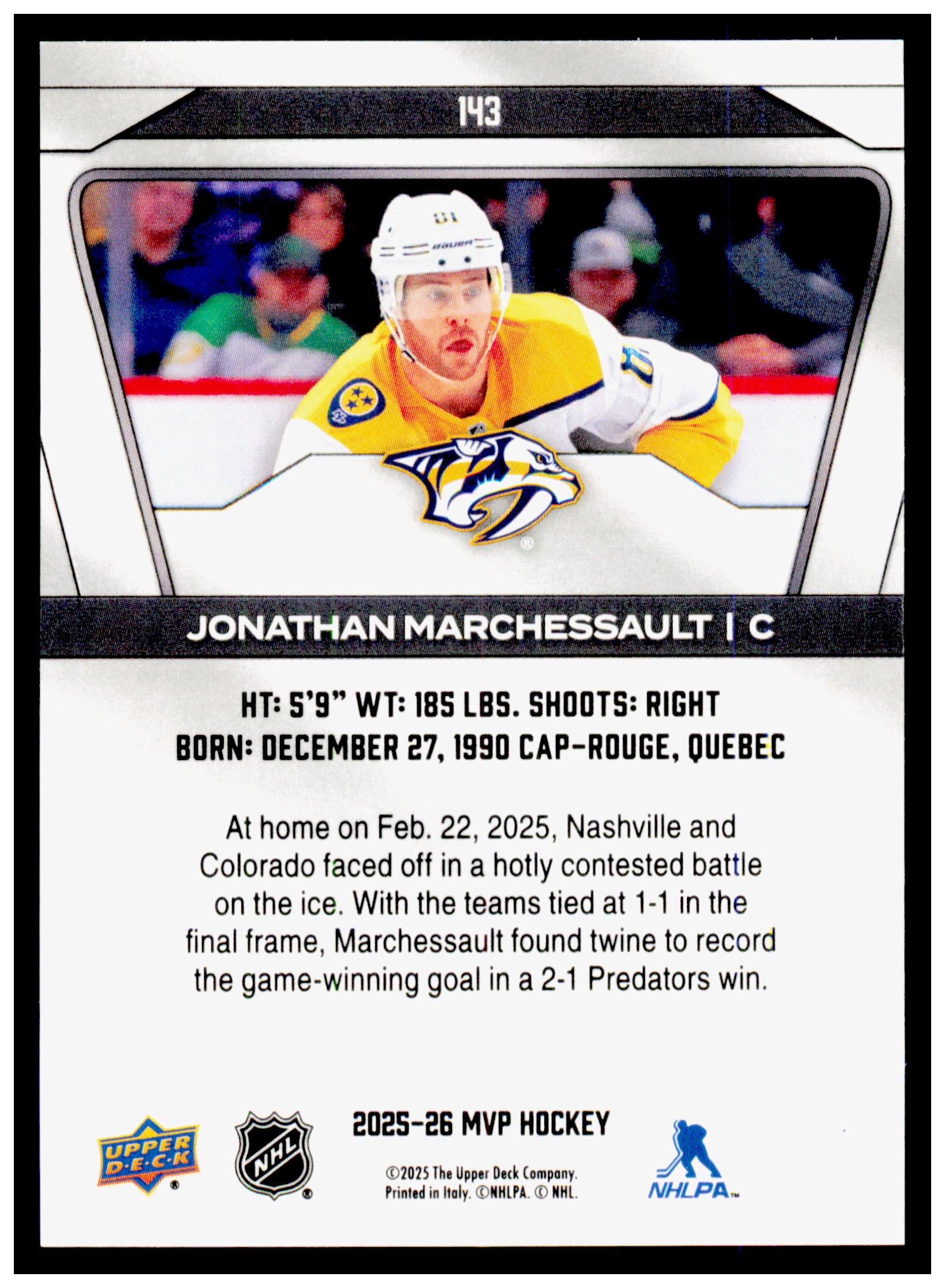 2025-26 Upper Deck MVP Jonathan Marchessault Card Nashville Predators #143
