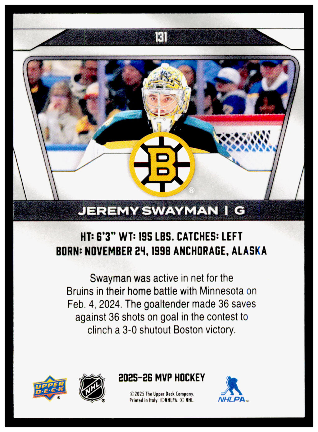2025-26 Upper Deck MVP Jeremy Swayman Card Boston Bruins #131