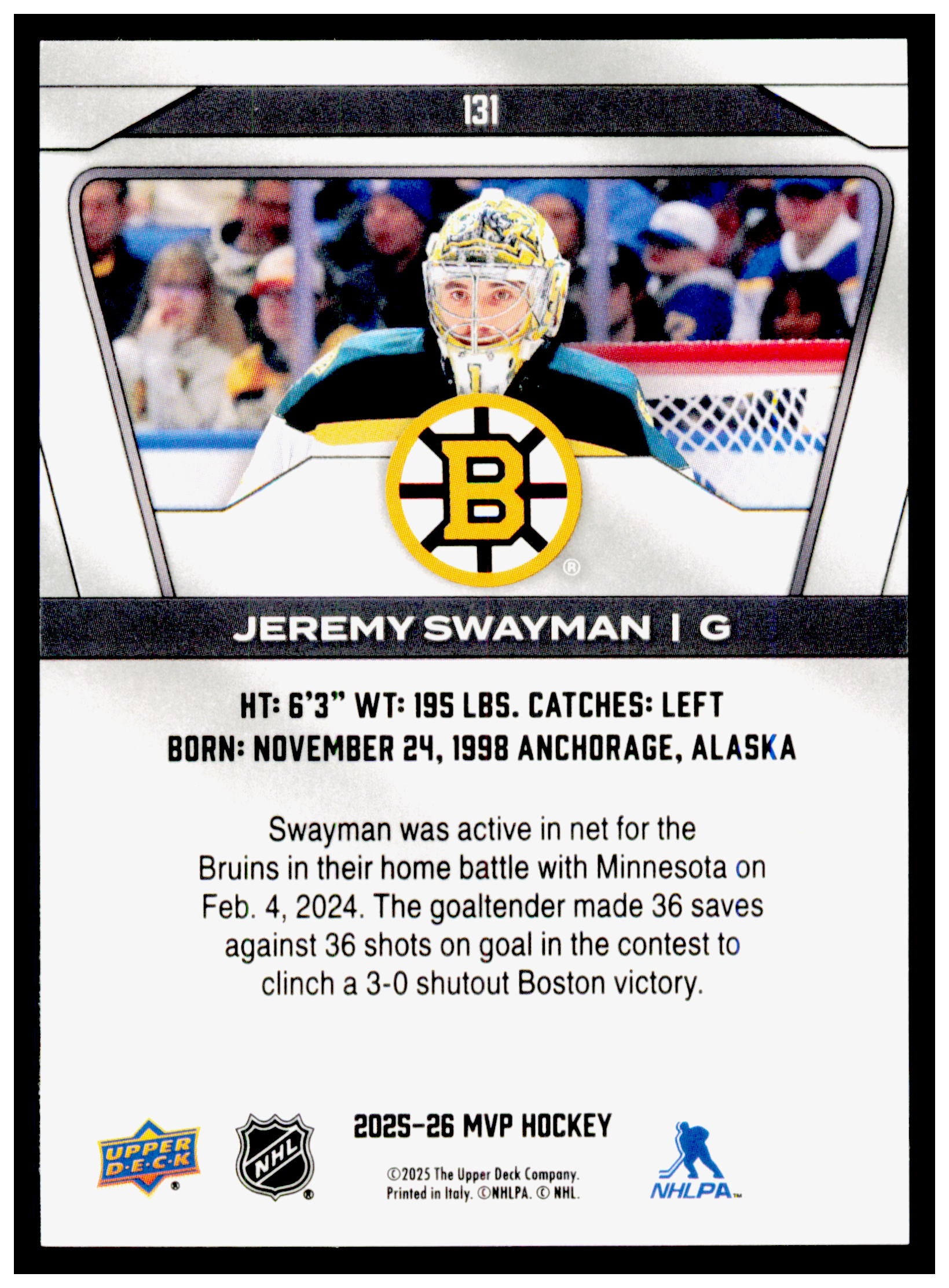 2025-26 Upper Deck MVP Jeremy Swayman Card Boston Bruins #131
