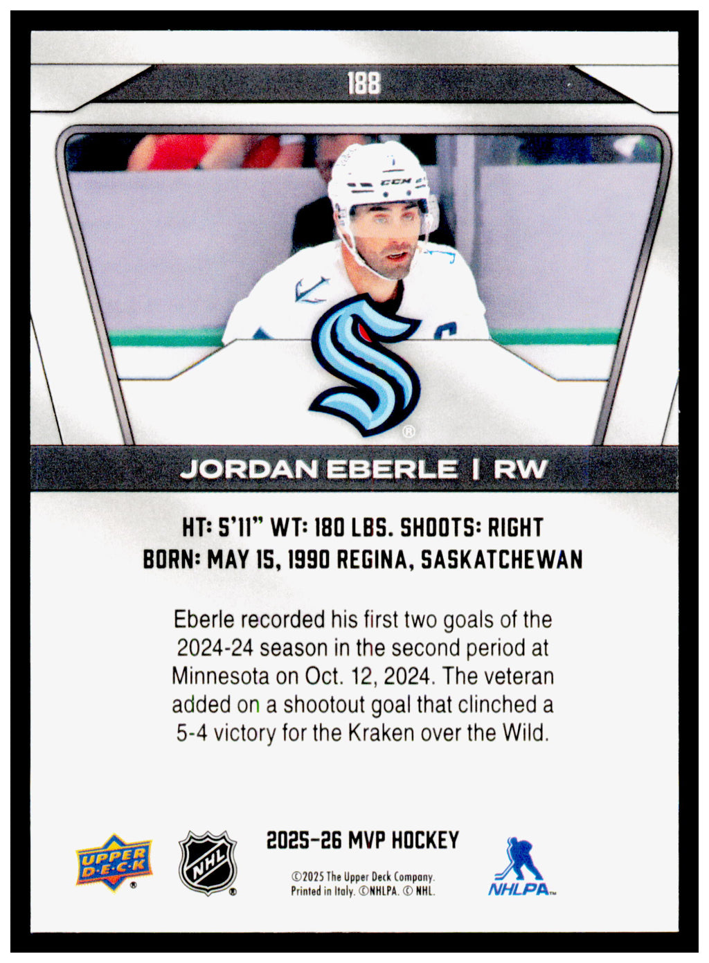 2025-26 Upper Deck MVP Jordan Eberle Card Seattle Kraken #188