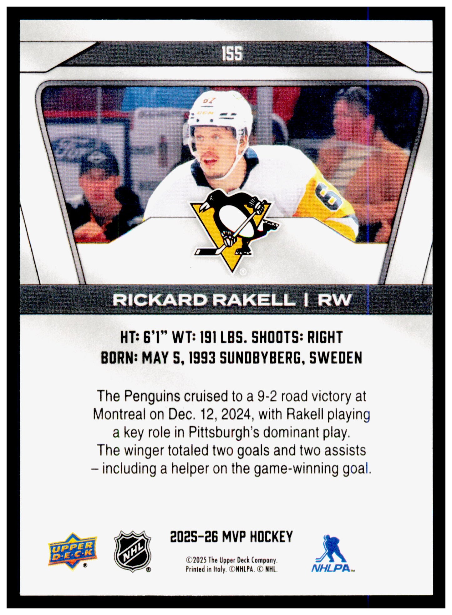 2025-26 Upper Deck MVP Rickard Rakell Card Blue Script Pittsburgh Penguins #155