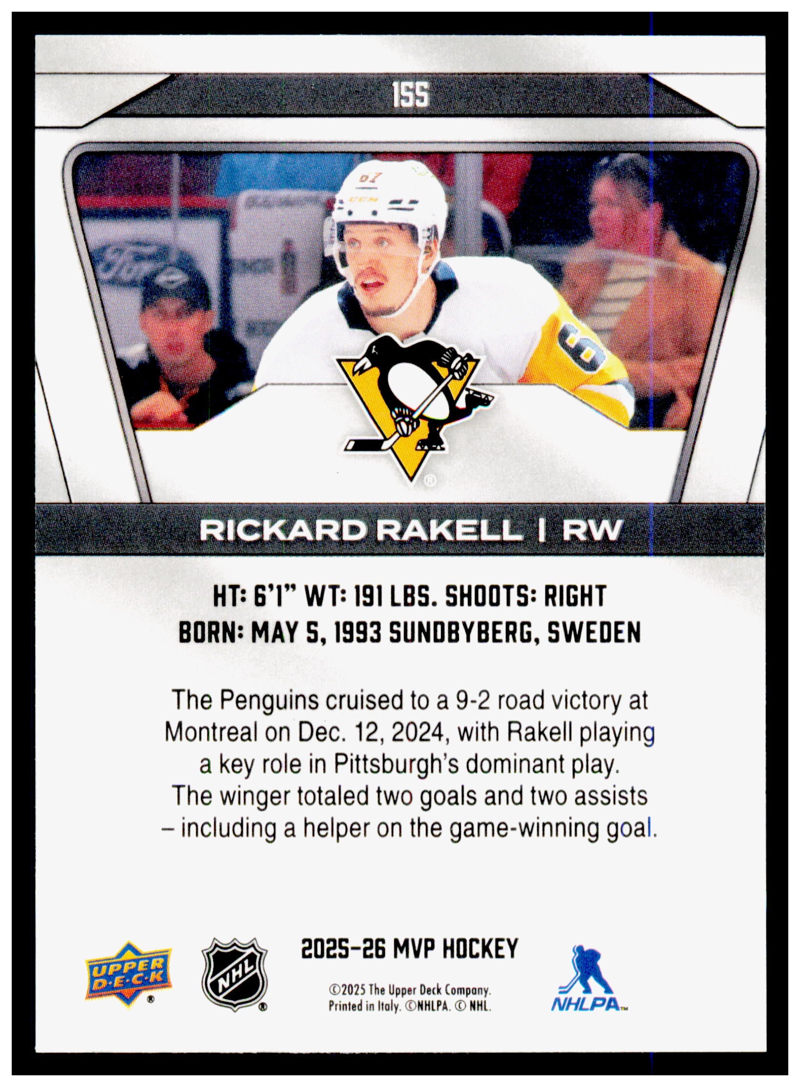 2025-26 Upper Deck MVP Rickard Rakell Card Blue Script Pittsburgh Penguins #155