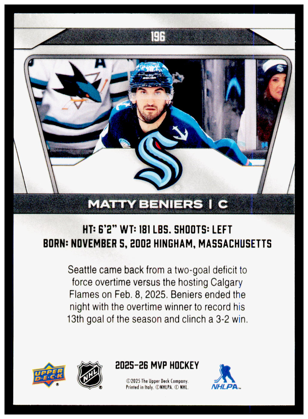 2025-26 Upper Deck MVP Matty Beniers Card Green Script Seattle Kraken #196