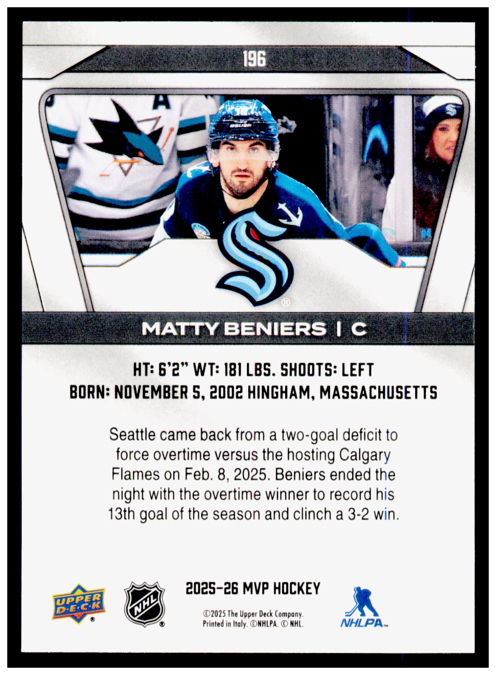 2025-26 Upper Deck MVP Matty Beniers Card Green Script Seattle Kraken #196