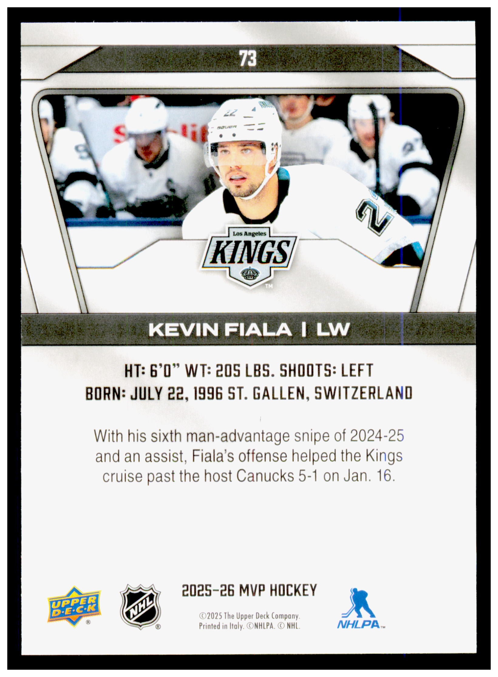 2025-26 Upper Deck MVP Kevin Fiala Card Los Angeles Kings #73