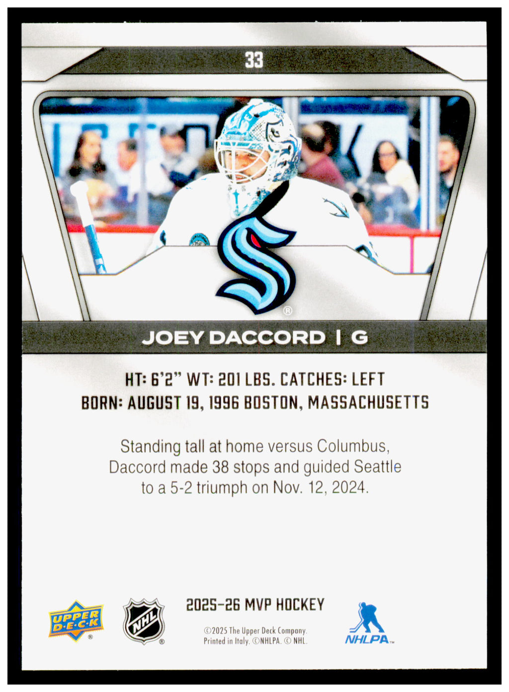2025-26 Upper Deck MVP Joey Daccord Card Seattle Kraken #33