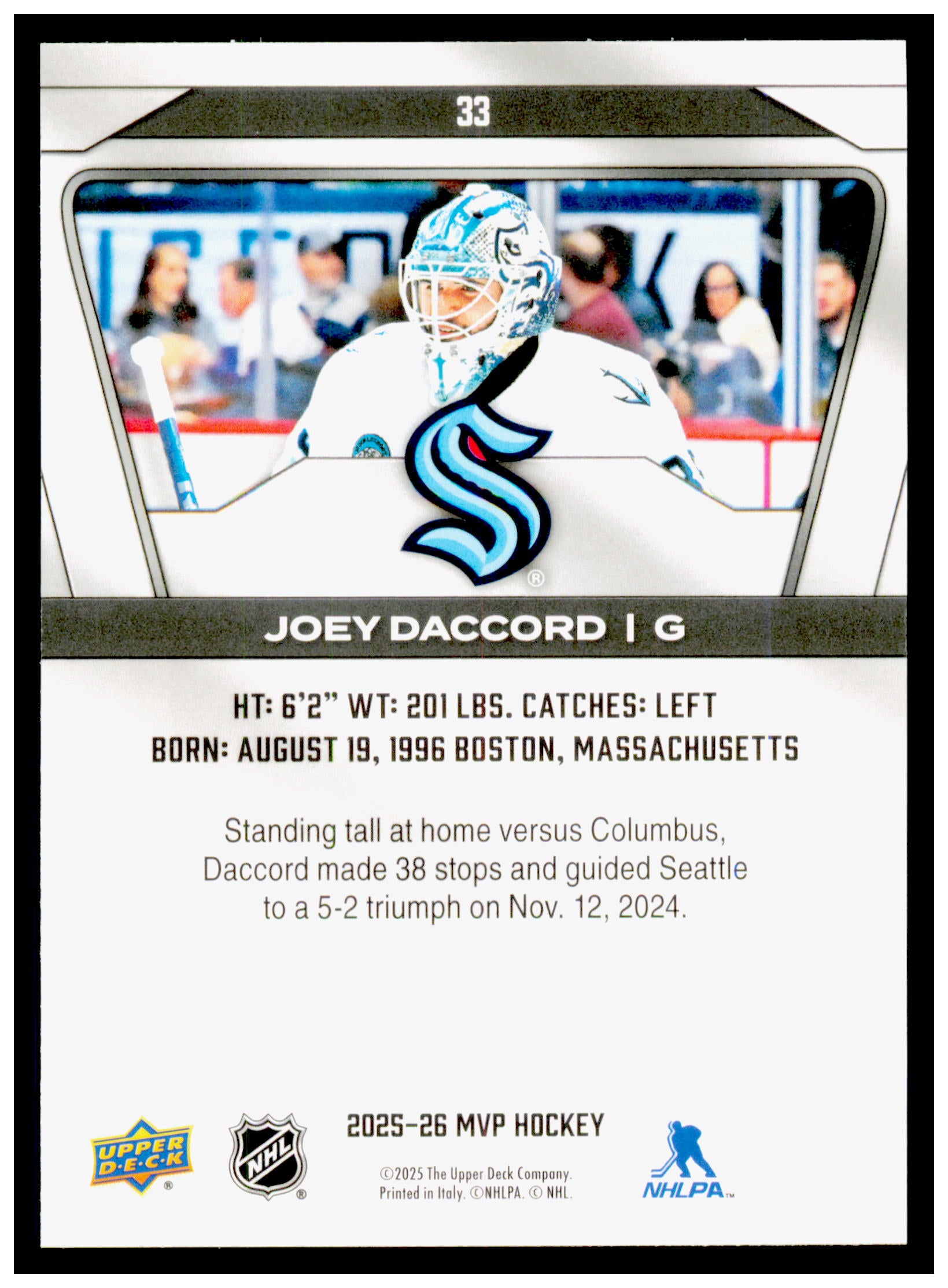 2025-26 Upper Deck MVP Joey Daccord Card Seattle Kraken #33