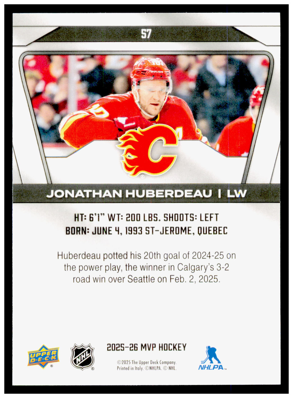 2025-26 Upper Deck MVP Jonathan Huberdeau Card Calgary Flames #57