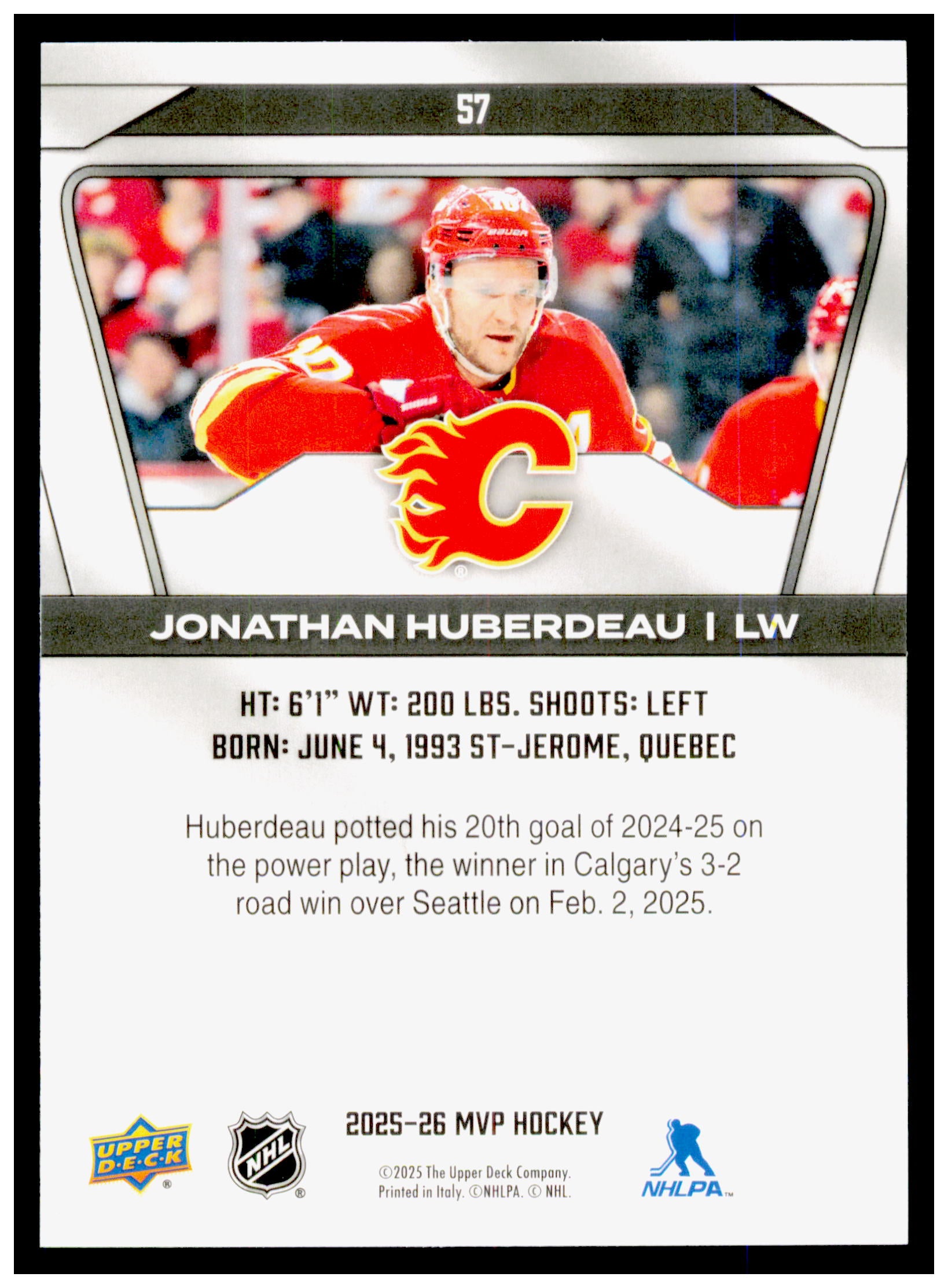 2025-26 Upper Deck MVP Jonathan Huberdeau Card Calgary Flames #57