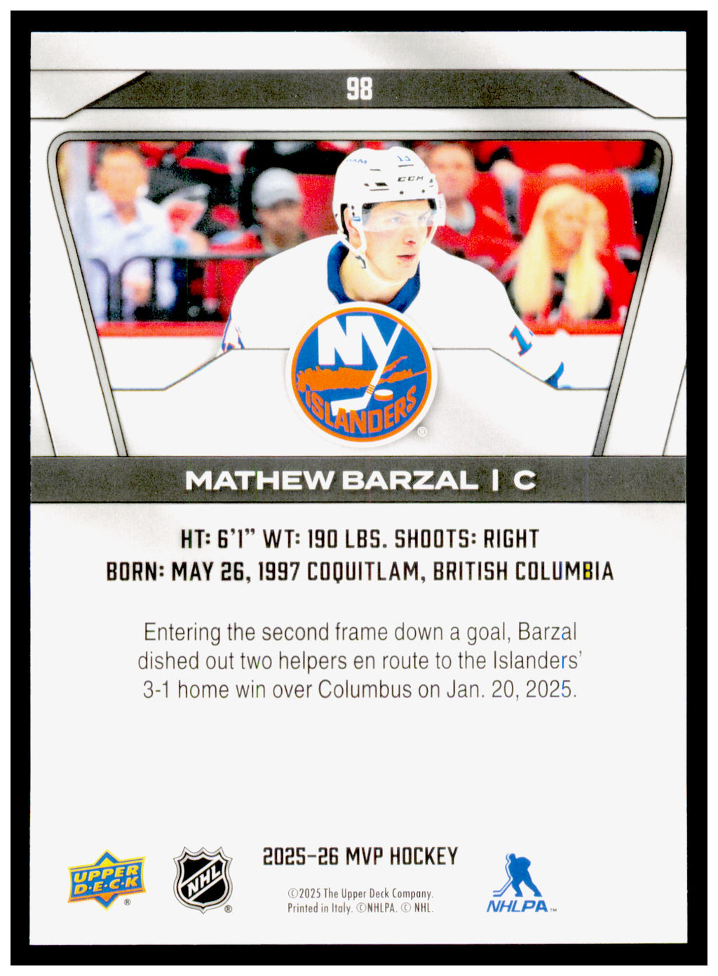 2025-26 Upper Deck MVP Mathew Barzal Card New York Islanders #98