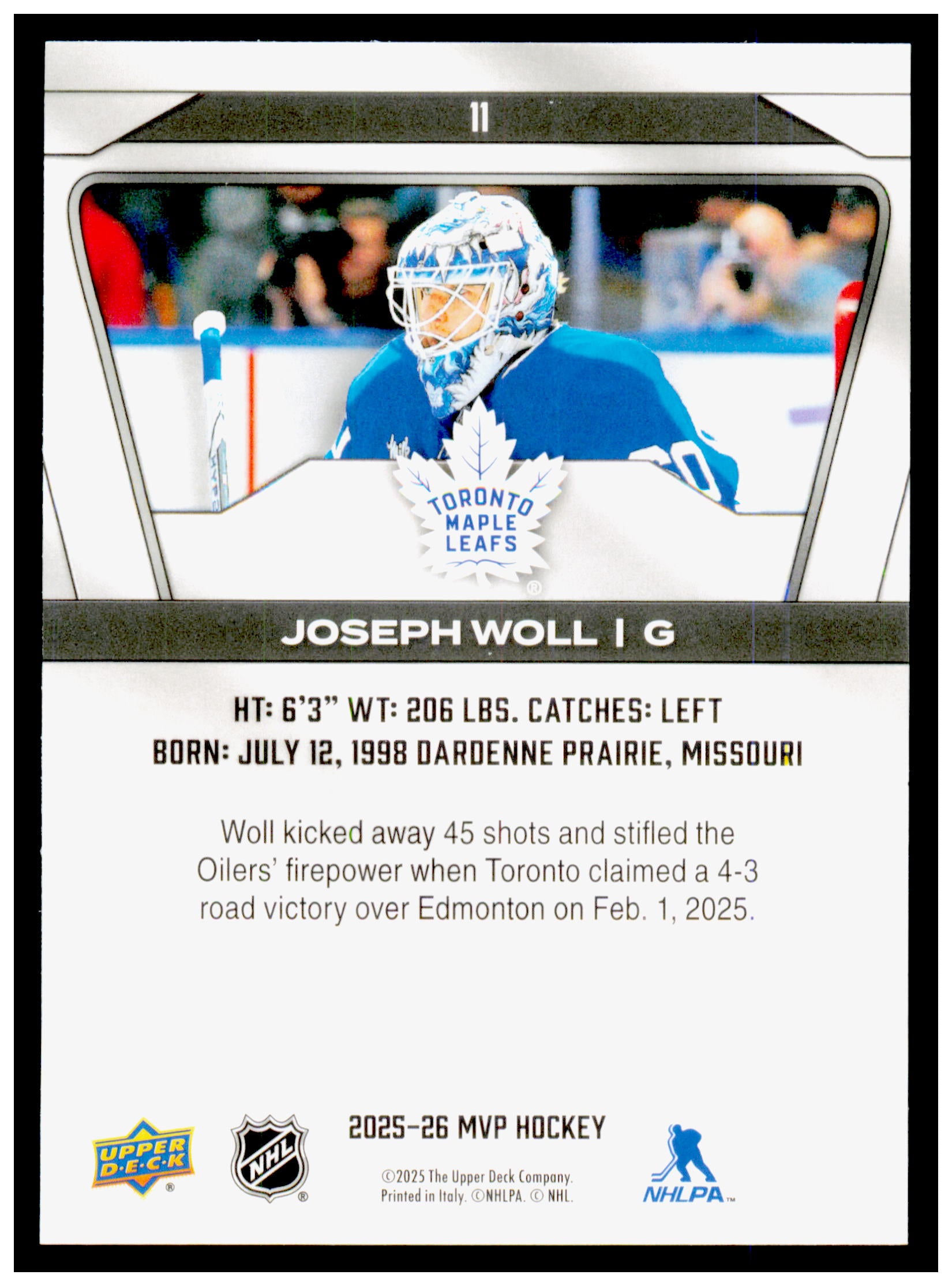 2025-26 Upper Deck MVP Joseph Woll Card Toronto Maple Leafs #11