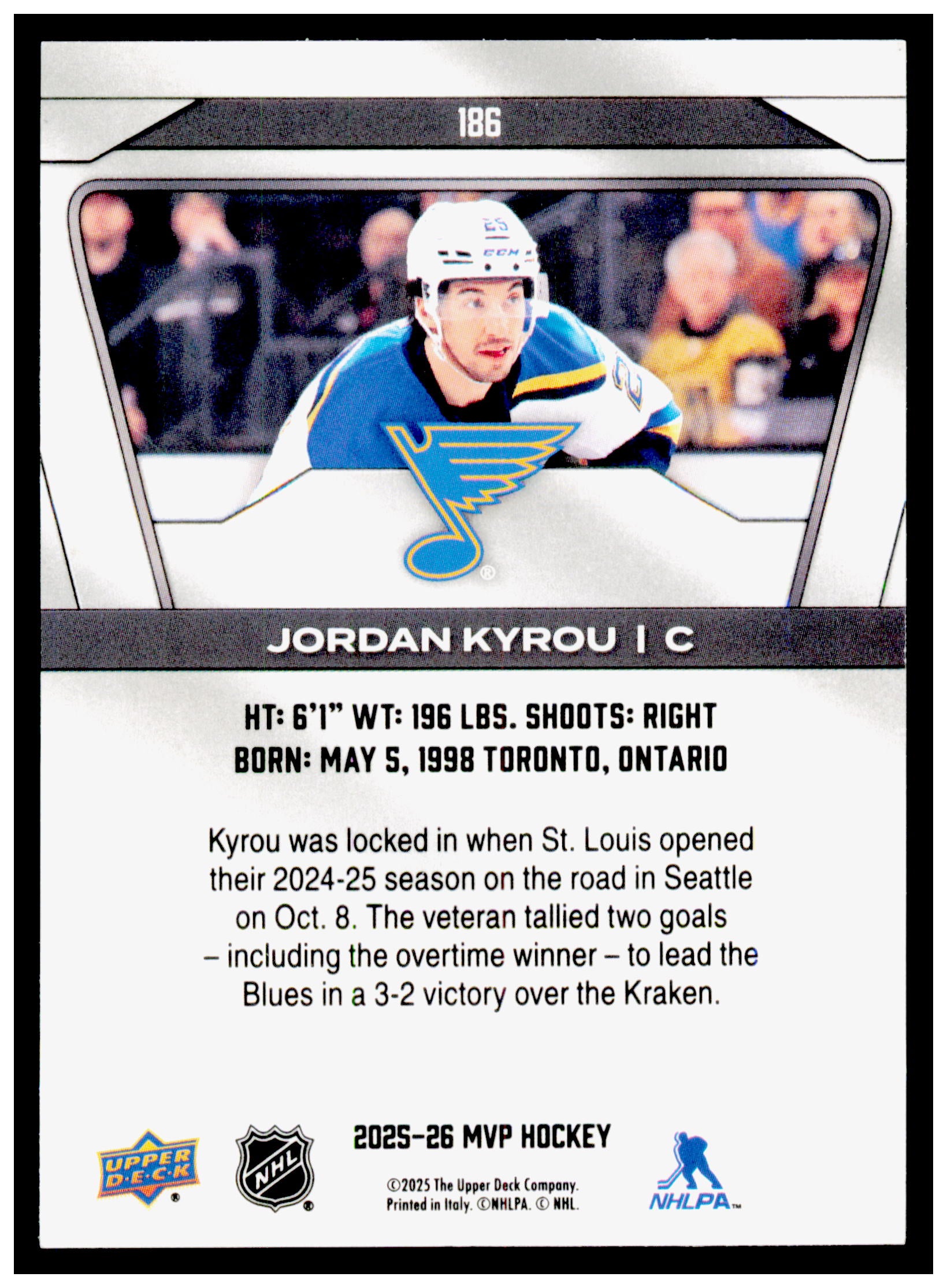 2025-26 Upper Deck MVP Jordan Kyrou Card Silver Script St. Louis Blues #186