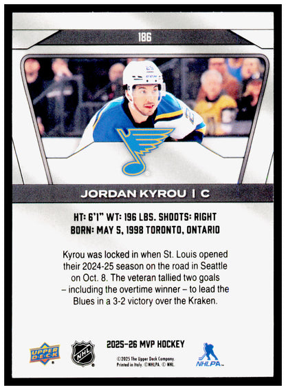 2025-26 Upper Deck MVP Jordan Kyrou Card Silver Script St. Louis Blues #186