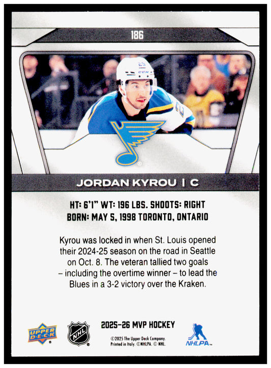 2025-26 Upper Deck MVP Jordan Kyrou Card Silver Script St. Louis Blues #186