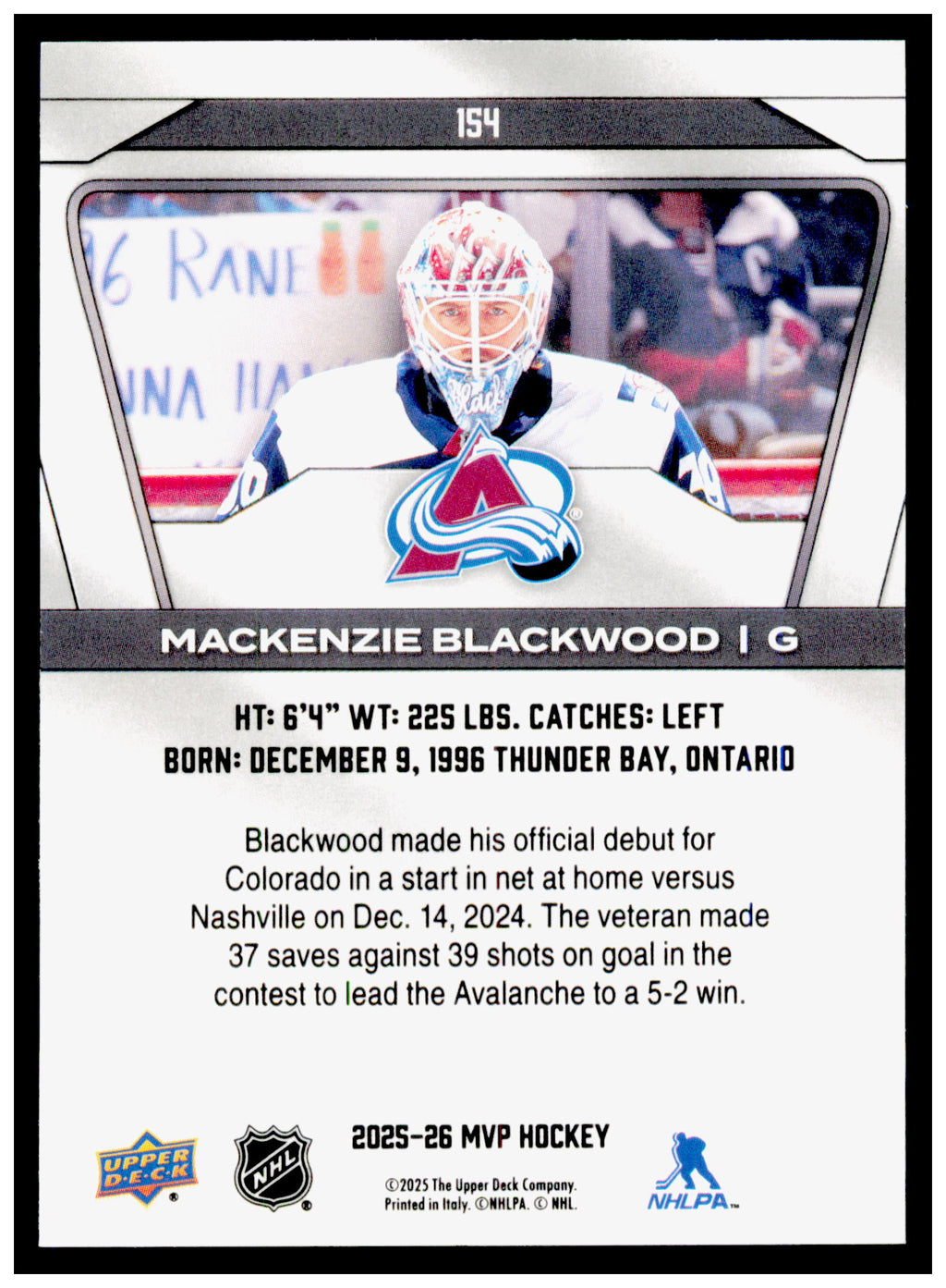 2025-26 Upper Deck MVP Mackenzie Blackwood Card Colorado Avalanche #154