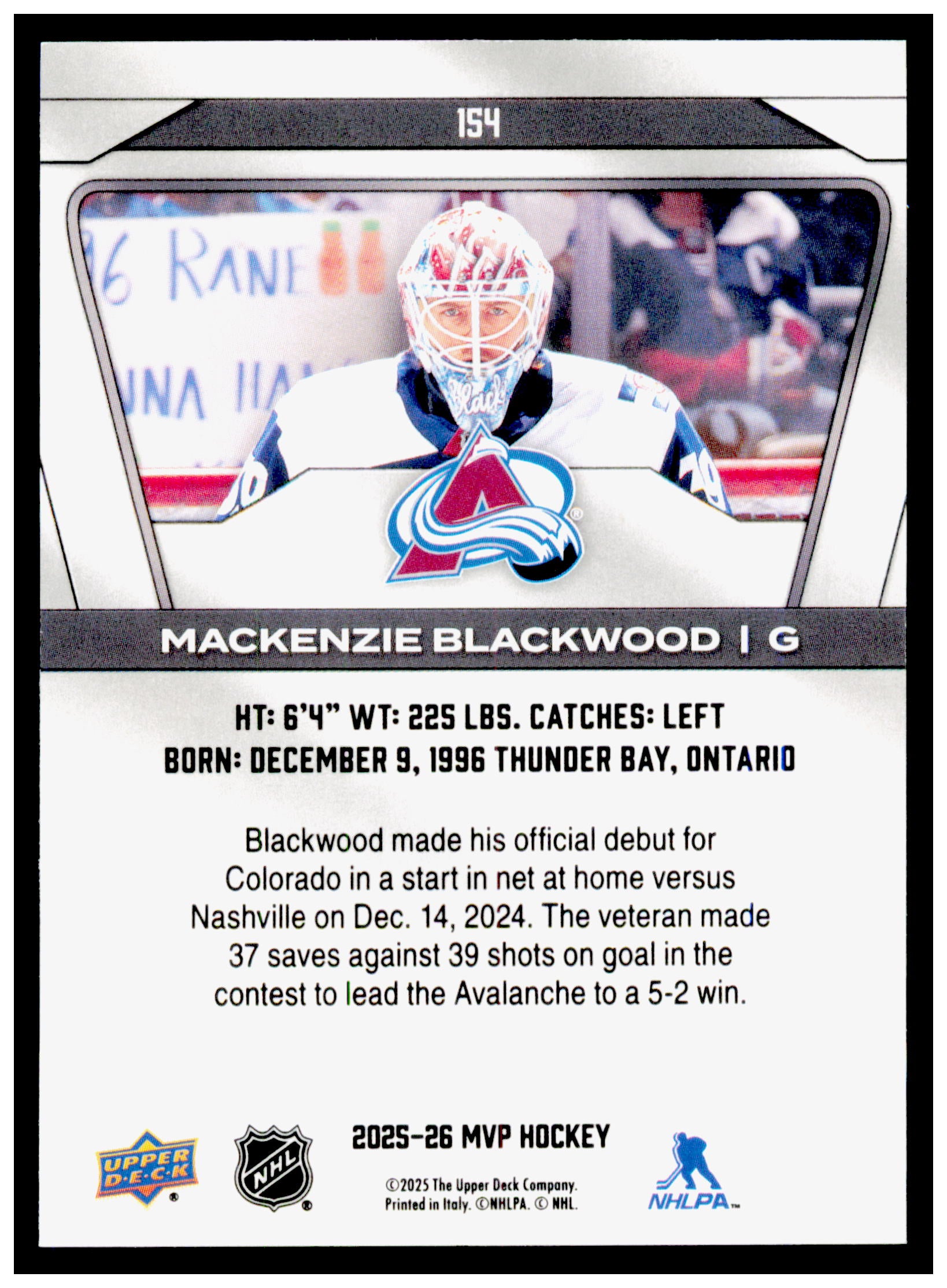2025-26 Upper Deck MVP Mackenzie Blackwood Card Colorado Avalanche #154