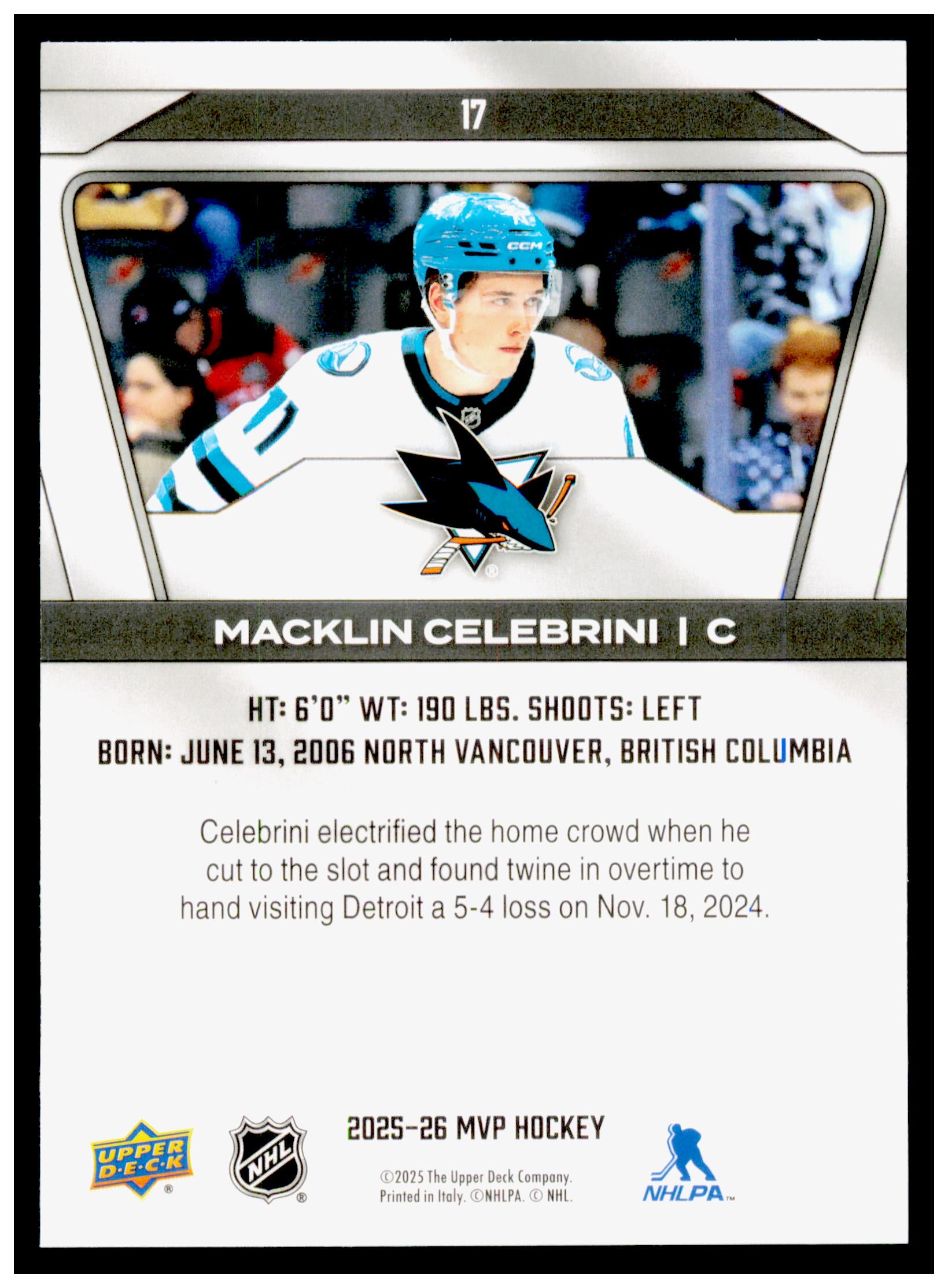 2025-26 Upper Deck MVP Macklin Celebrini Card San Jose Sharks #17