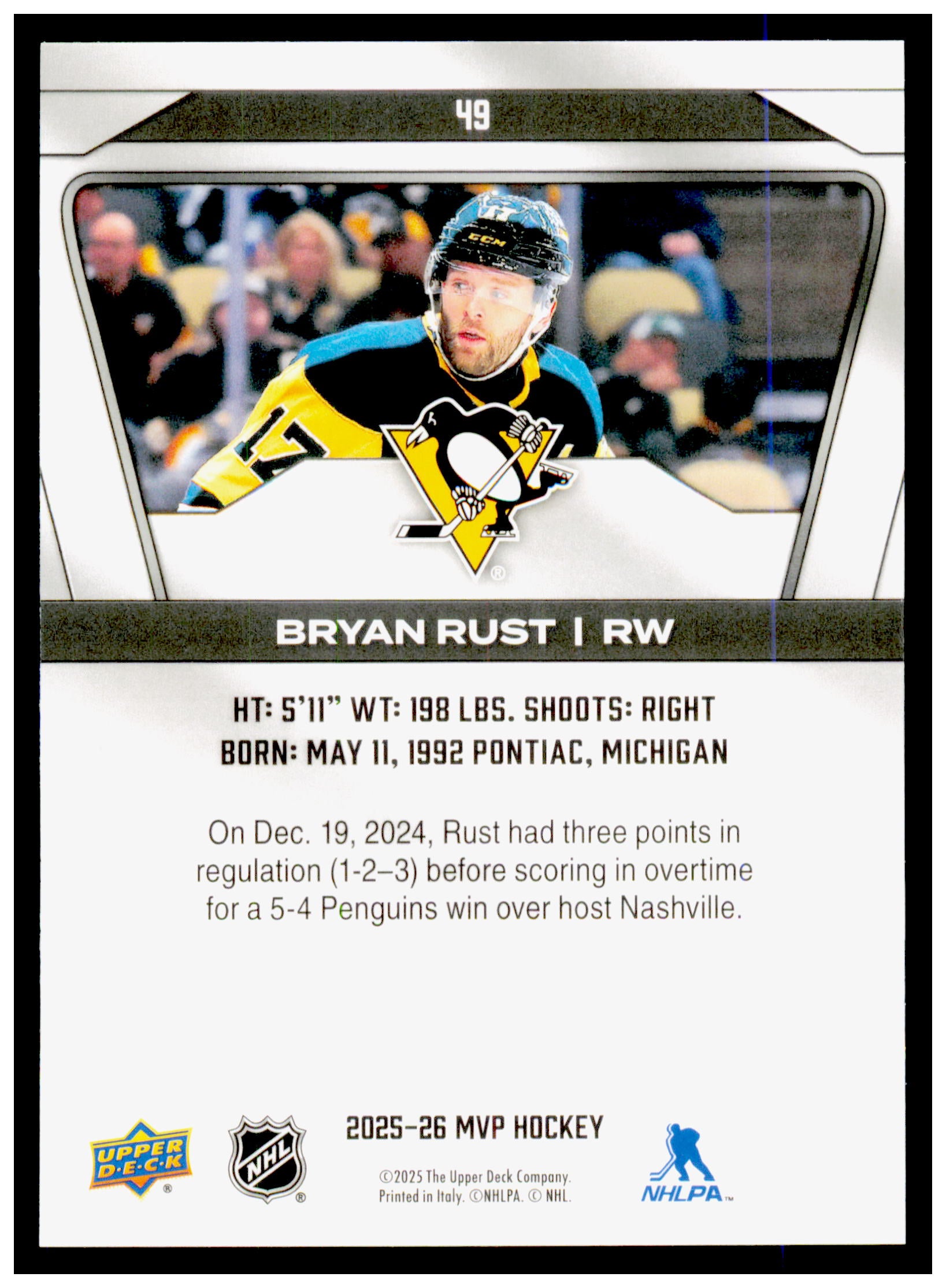 2025-26 Upper Deck MVP Bryan Rust Card Pittsburgh Penguins #49