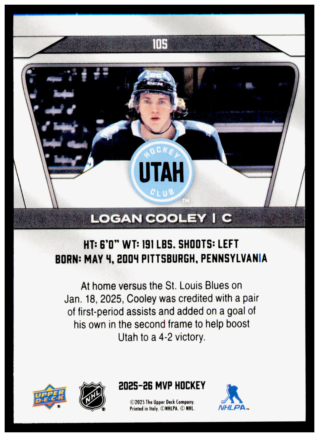 2025-26 Upper Deck MVP Logan Cooley Card Utah Hockey Club #105