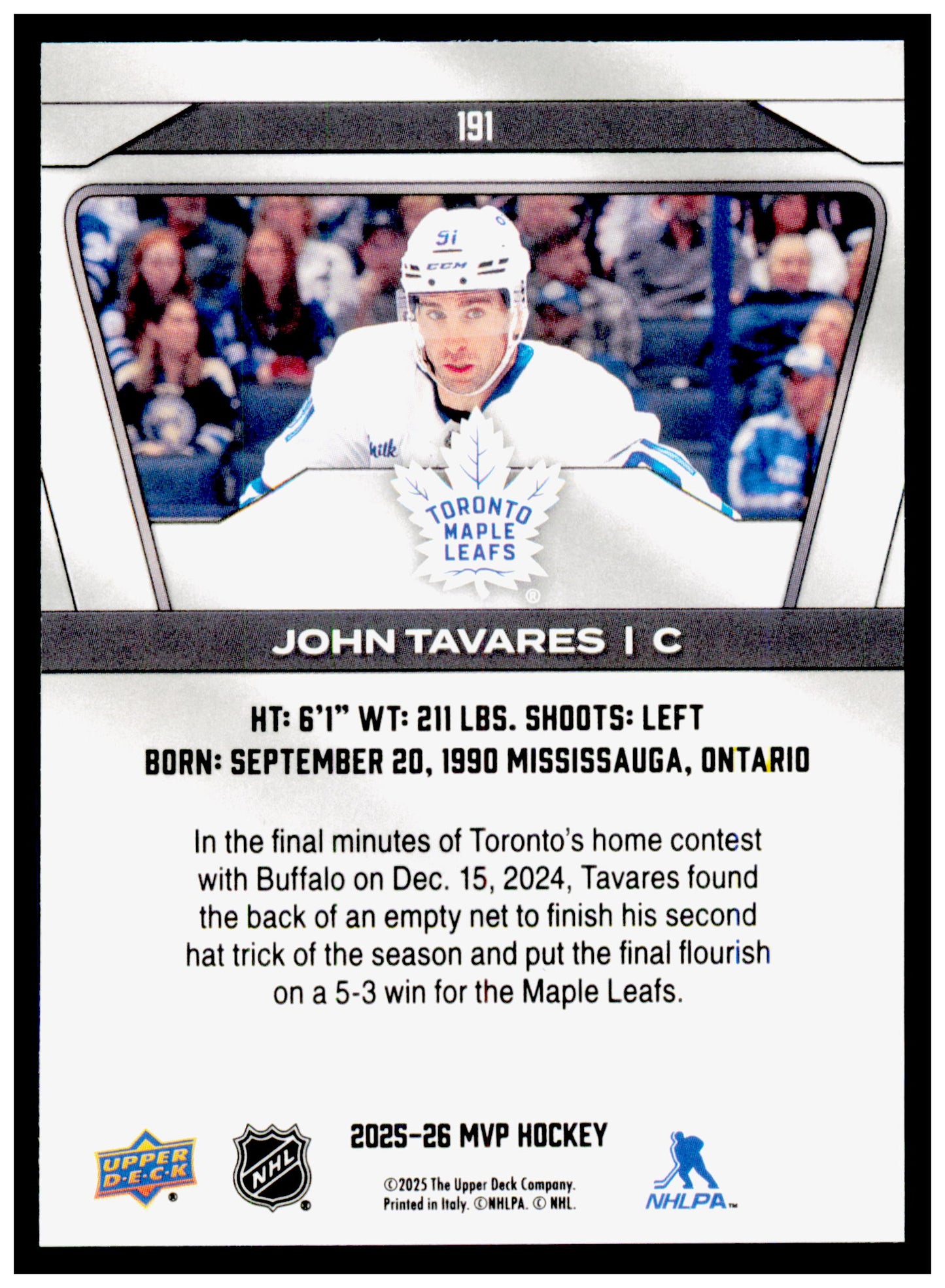 2025-26 Upper Deck MVP John Tavares Card Green Script Toronto Maple Leafs #191