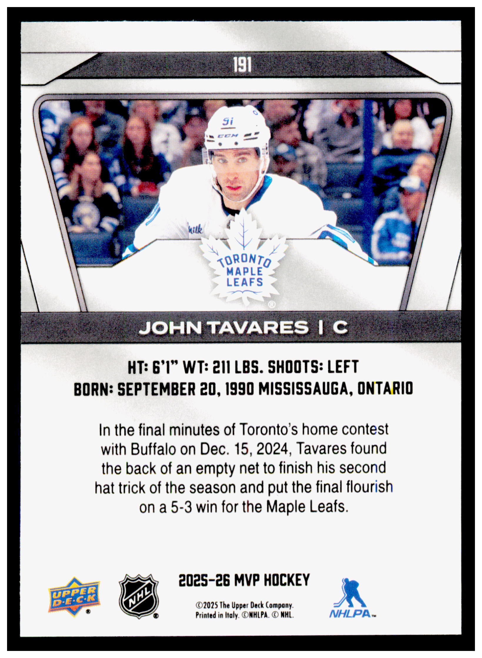 2025-26 Upper Deck MVP John Tavares Card Green Script Toronto Maple Leafs #191
