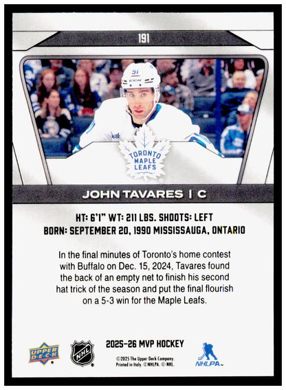 2025-26 Upper Deck MVP John Tavares Card Green Script Toronto Maple Leafs #191
