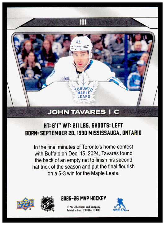 2025-26 Upper Deck MVP John Tavares Card Green Script Toronto Maple Leafs #191