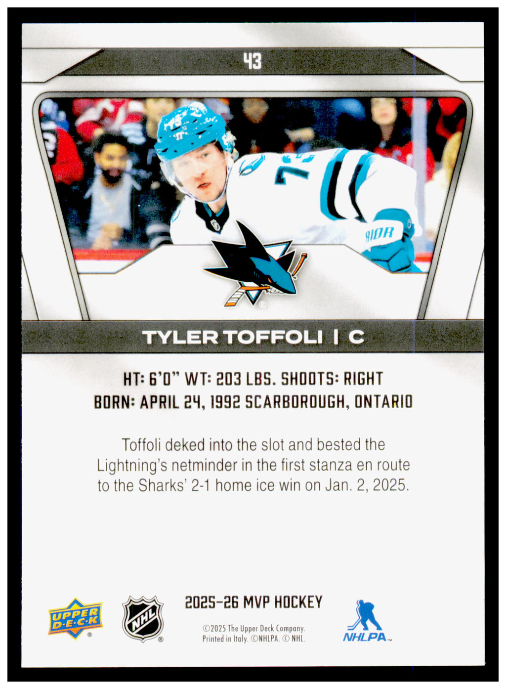 2025-26 Upper Deck MVP Tyler Toffoli Card San Jose Sharks #43