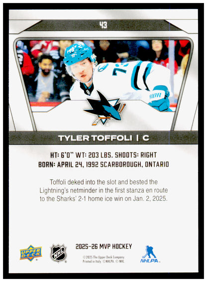 2025-26 Upper Deck MVP Tyler Toffoli Card San Jose Sharks #43
