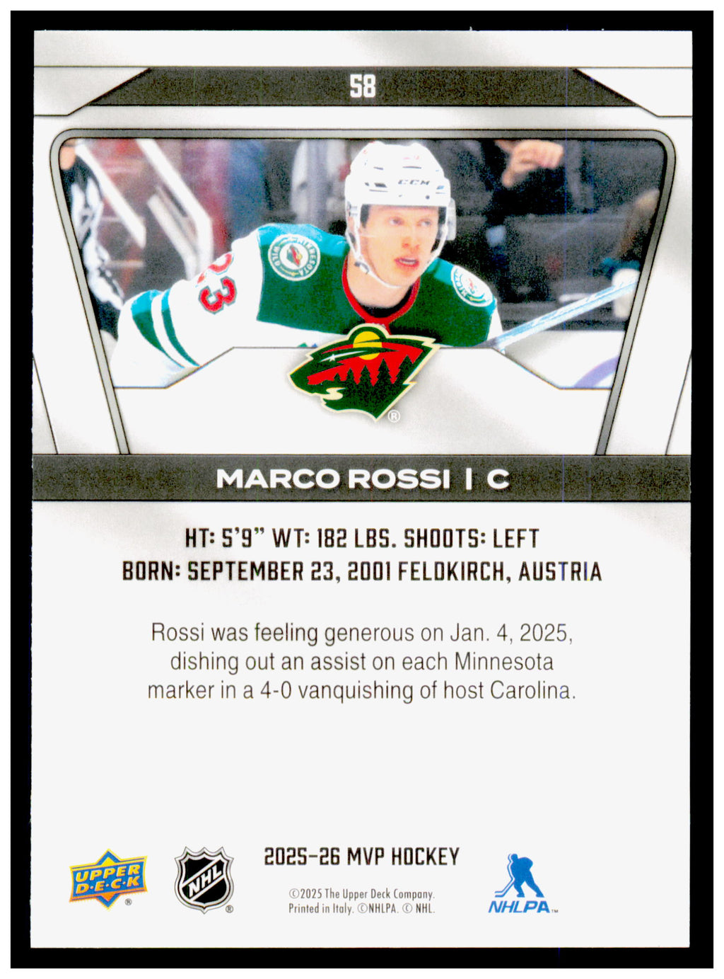 2025-26 Upper Deck MVP Marco Rossi Card Minnesota Wild #58