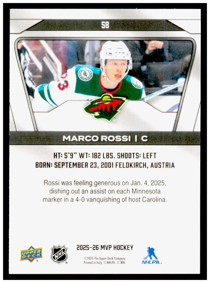 2025-26 Upper Deck MVP Marco Rossi Card Minnesota Wild #58