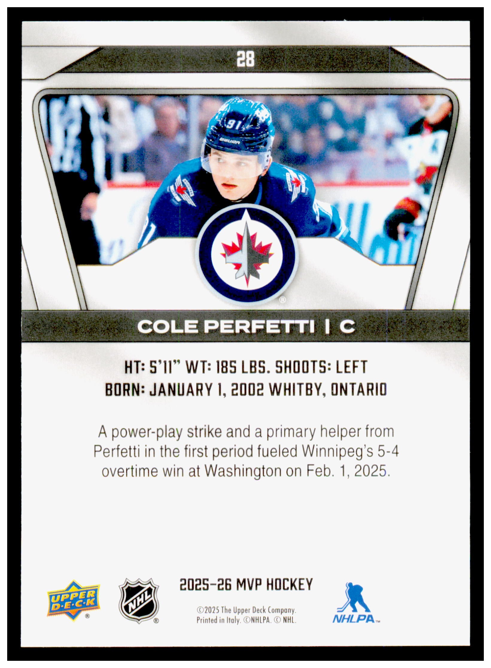 2025-26 Upper Deck MVP Cole Perfetti Card Winnipeg Jets #28