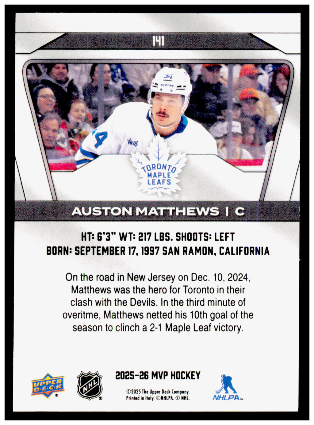 2025-26 Upper Deck MVP Auston Matthews Card Toronto Maple Leafs #141
