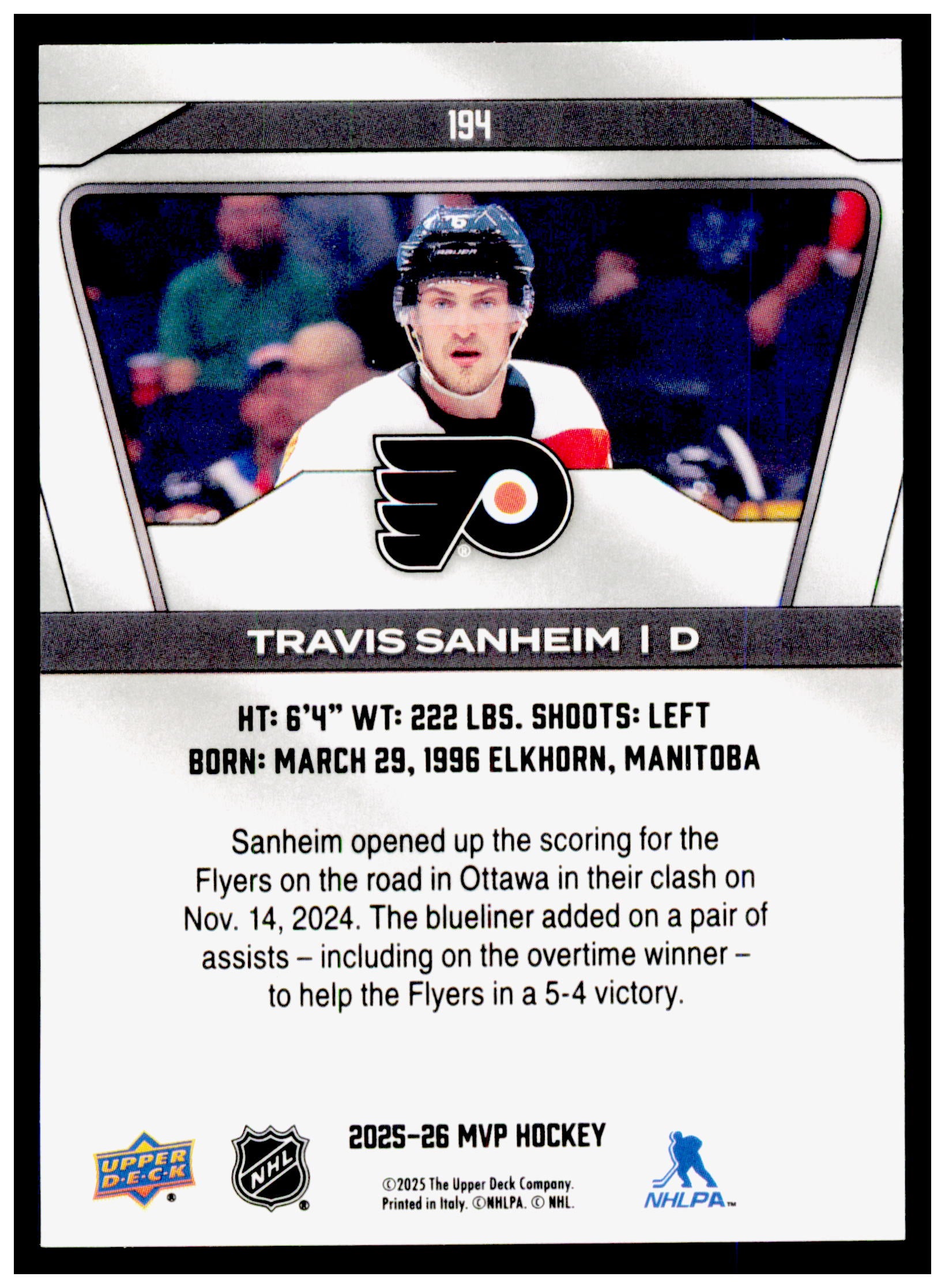 2025-26 Upper Deck MVP Travis Sanheim Card Philadelphia Flyers #194