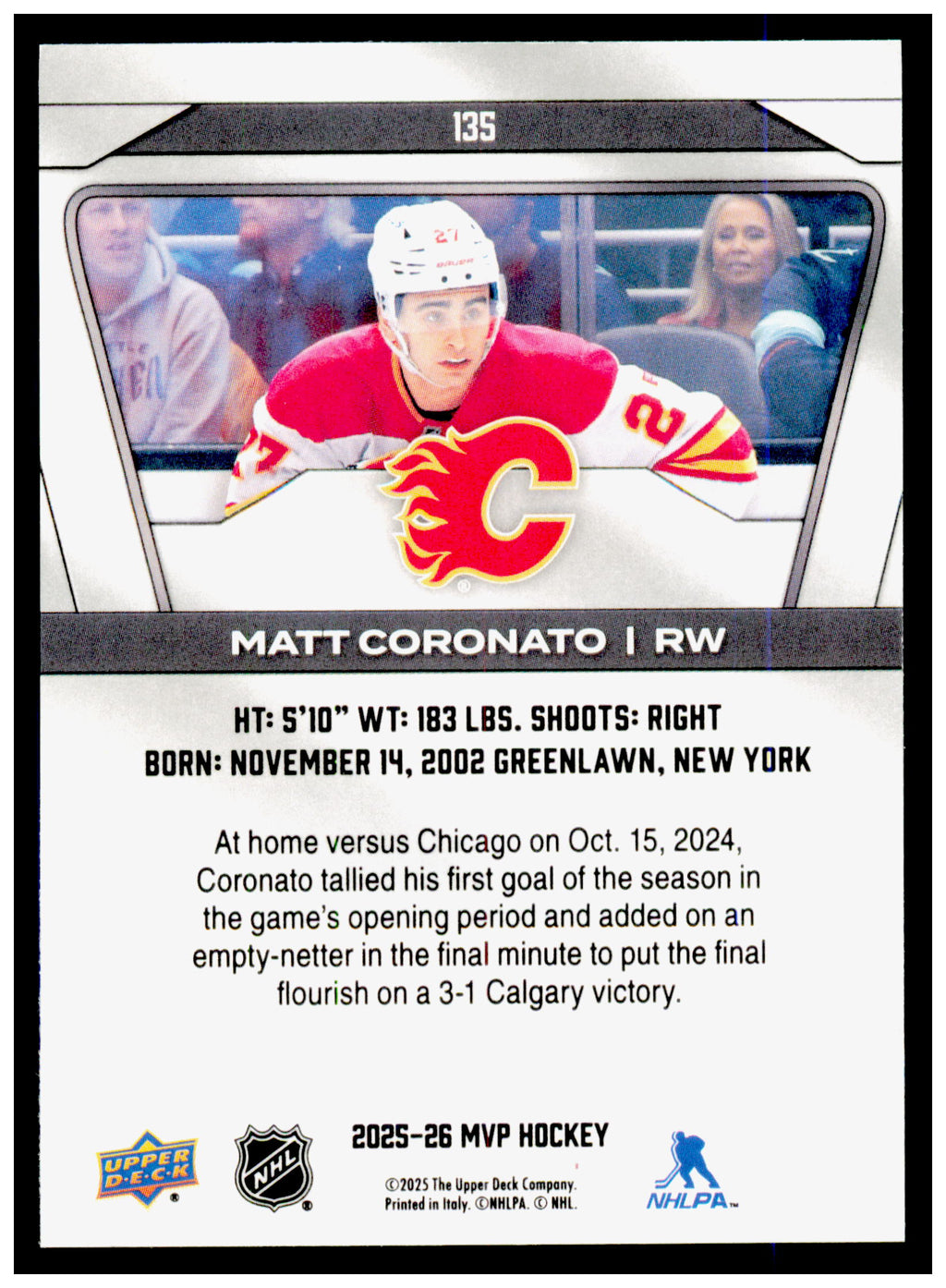 2025-26 Upper Deck MVP Matt Coronato Card Calgary Flames #135