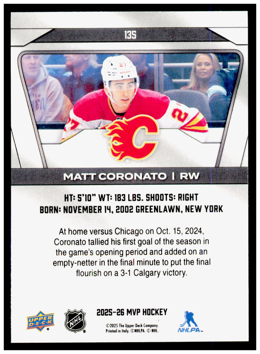 2025-26 Upper Deck MVP Matt Coronato Card Calgary Flames #135