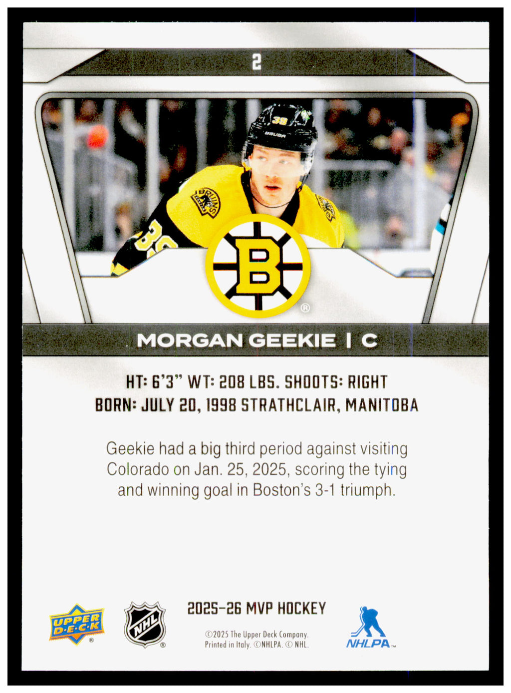 2025-26 Upper Deck MVP Morgan Geekie Card Boston Bruins #2