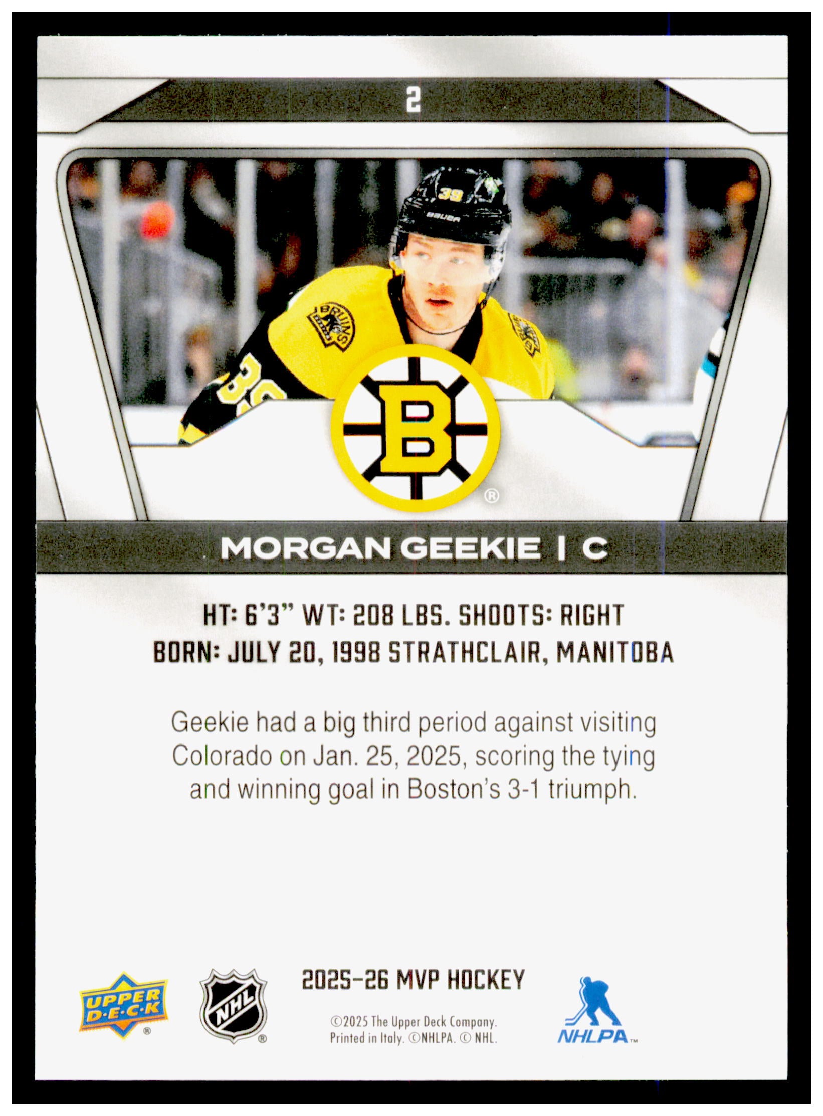 2025-26 Upper Deck MVP Morgan Geekie Card Boston Bruins #2