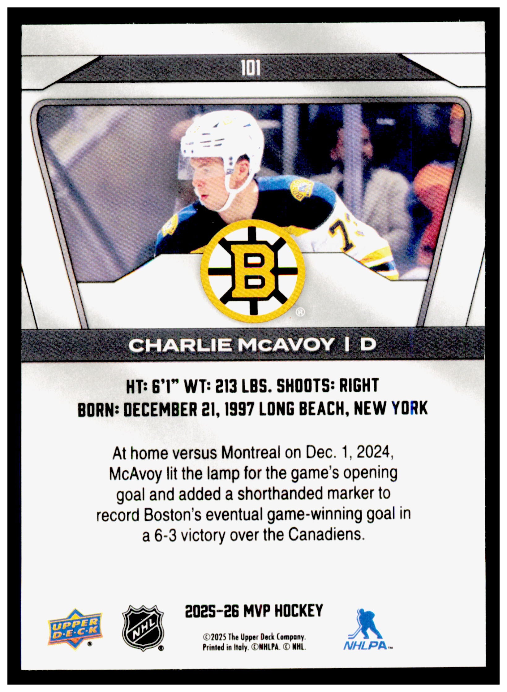 2025-26 Upper Deck MVP Charlie McAvoy Card Green Script Boston Bruins #101