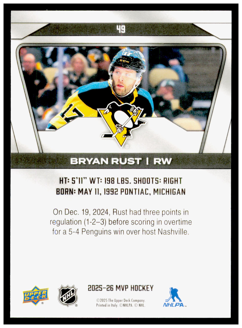 2025-26 Upper Deck MVP Bryan Rust Card Pittsburgh Penguins #49