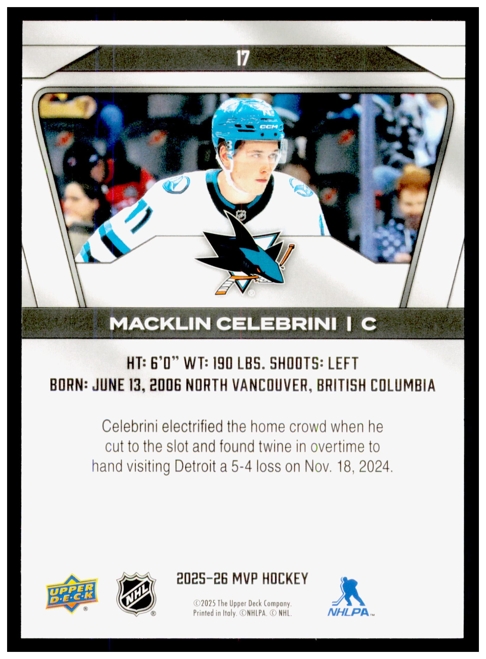 2025-26 Upper Deck MVP Macklin Celebrini Card San Jose Sharks #17