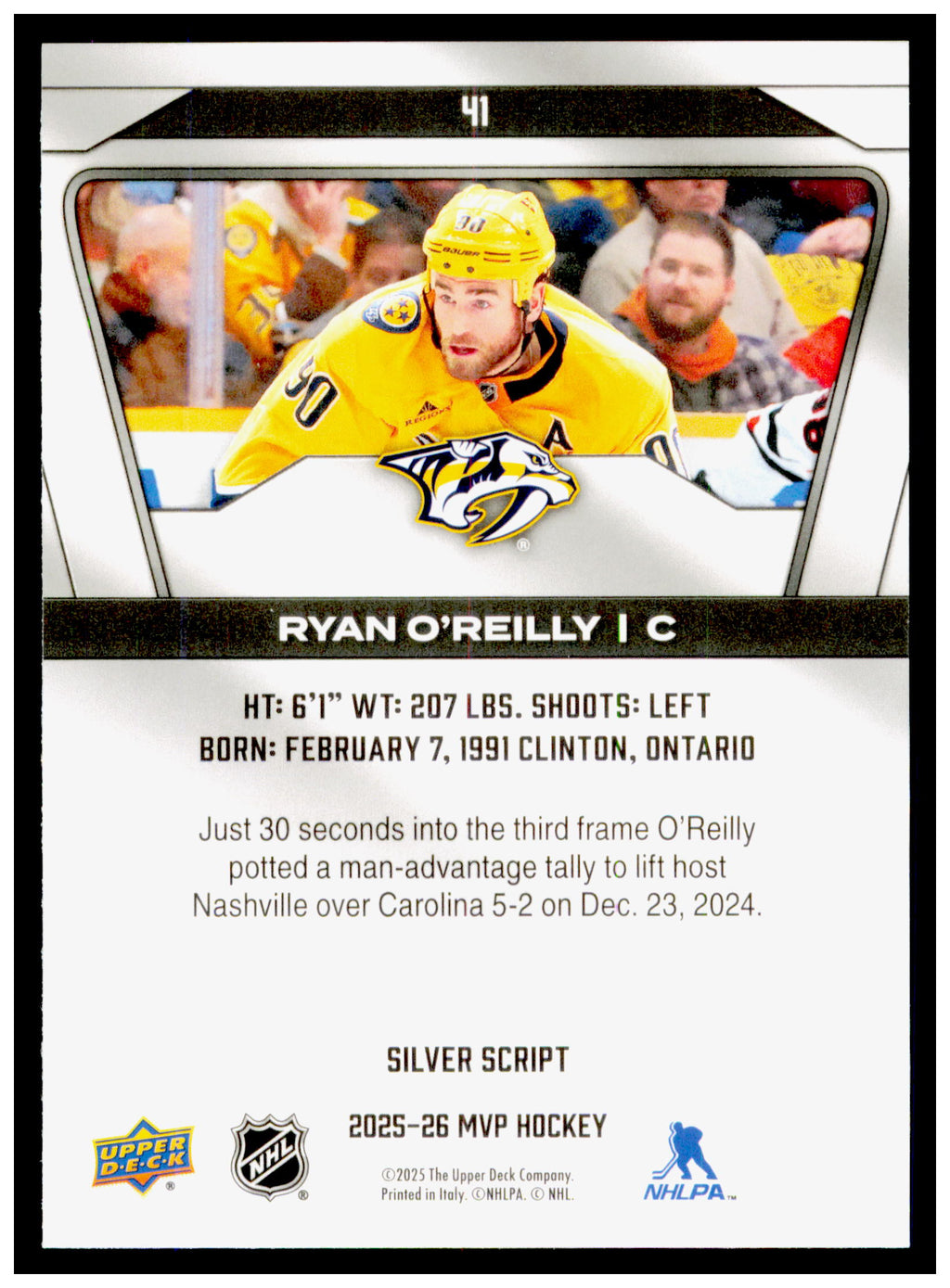 2025-26 Upper Deck MVP Ryan O'Reilly Card Nashville Predators #41