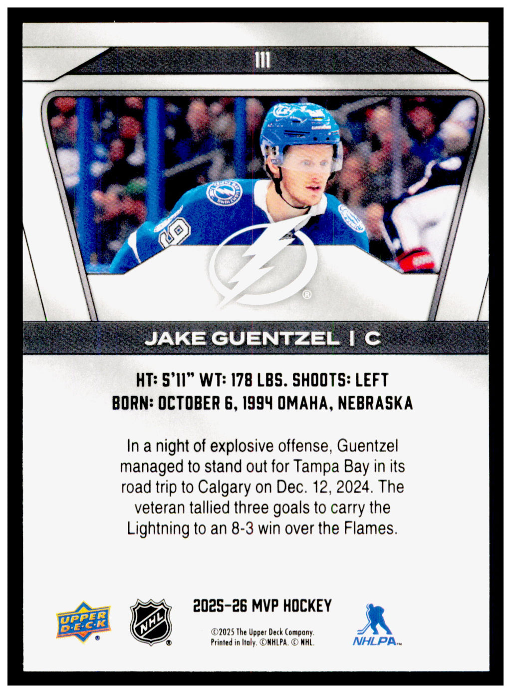 2025-26 Upper Deck MVP Jake Guentzel Card Tampa Bay Lightning #111