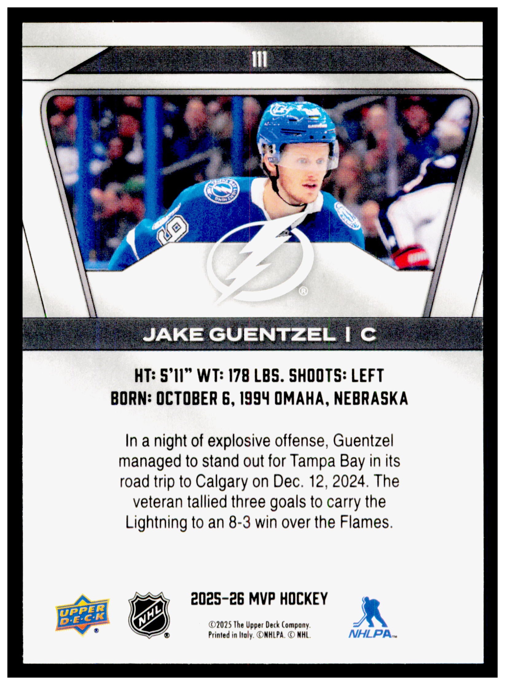2025-26 Upper Deck MVP Jake Guentzel Card Tampa Bay Lightning #111