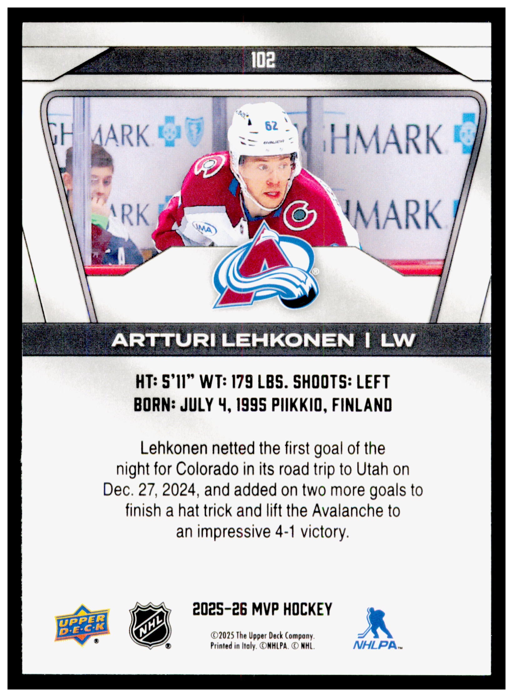 2025-26 Upper Deck MVP Artturi Lehkonen Card Colorado Avalanche #102