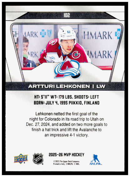 2025-26 Upper Deck MVP Artturi Lehkonen Card Colorado Avalanche #102