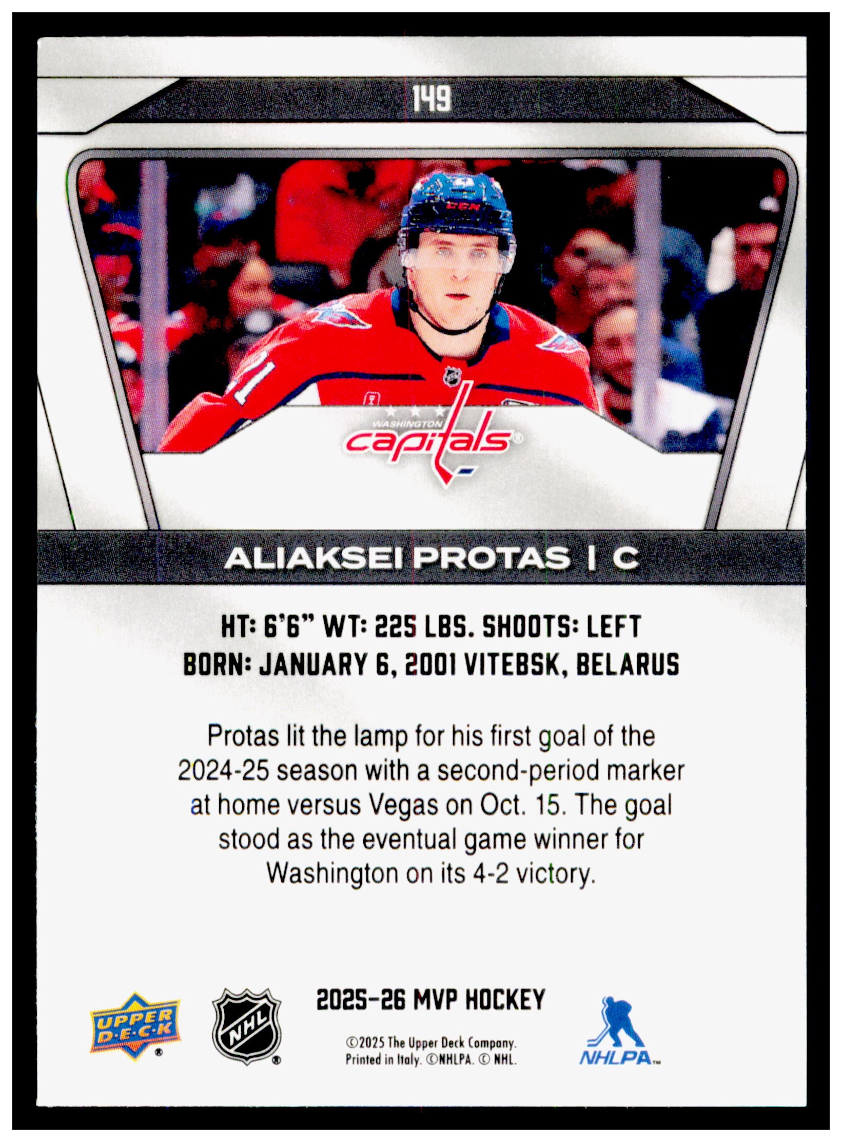 2025-26 Upper Deck MVP Aliaksei Protas Card Washington Capitals #149