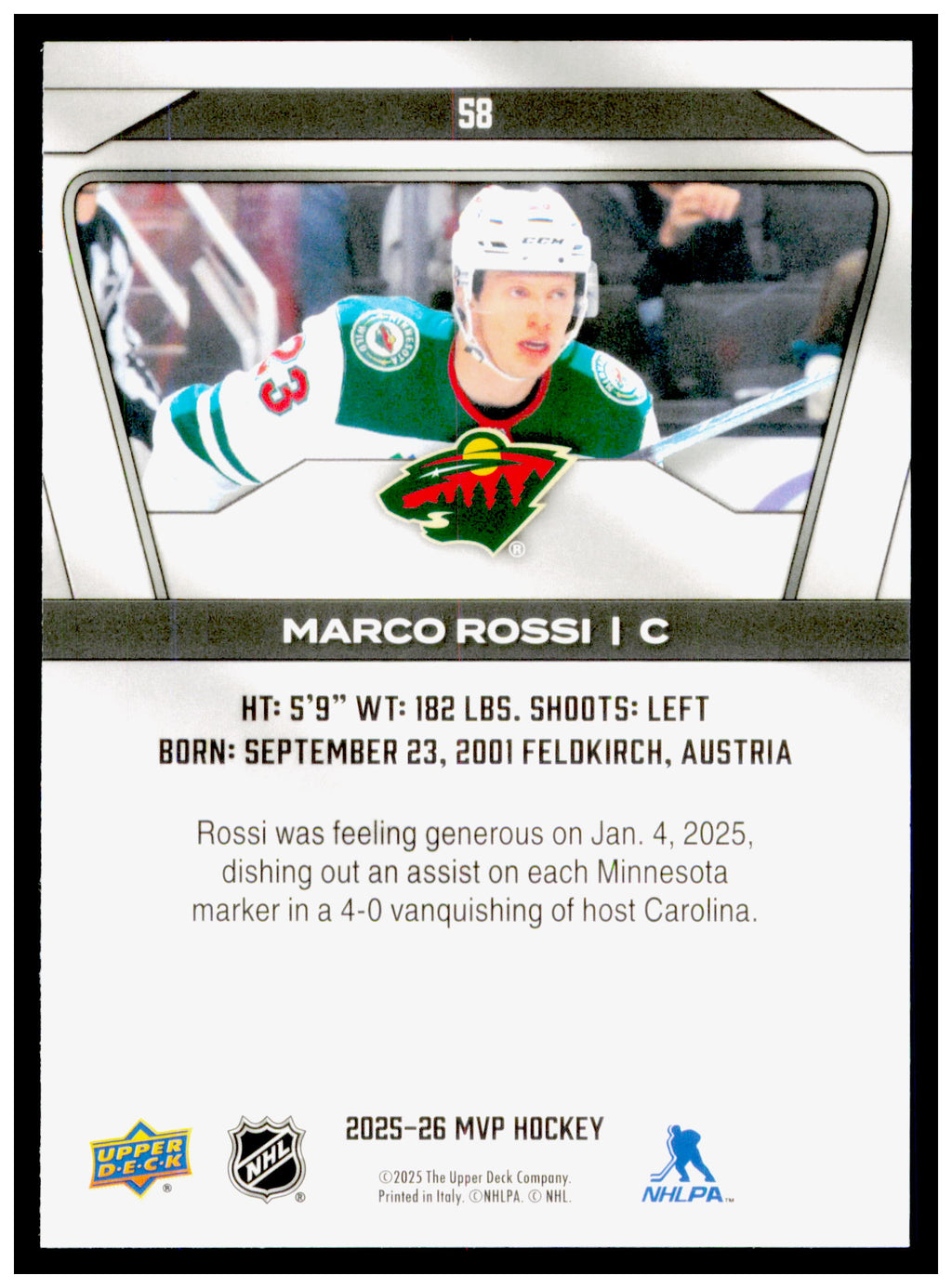 2025-26 Upper Deck MVP Marco Rossi Card Minnesota Wild #58
