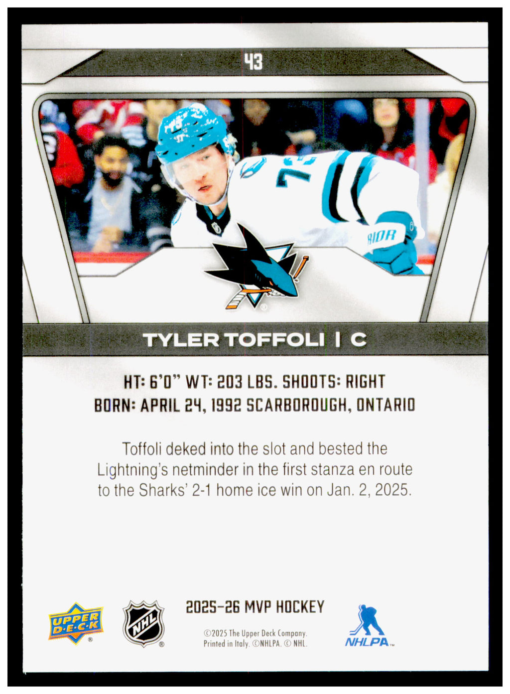 2025-26 Upper Deck MVP Tyler Toffoli Card San Jose Sharks #43