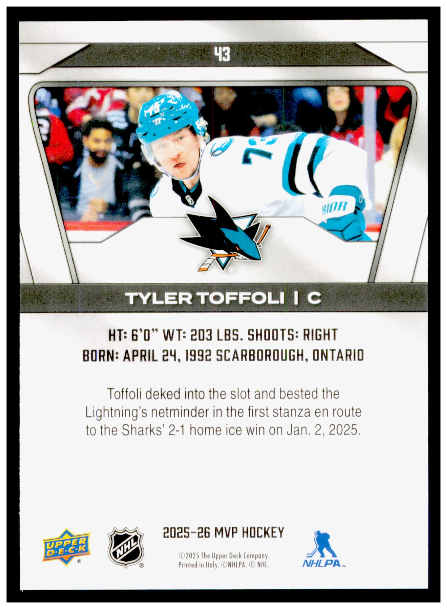 2025-26 Upper Deck MVP Tyler Toffoli Card San Jose Sharks #43